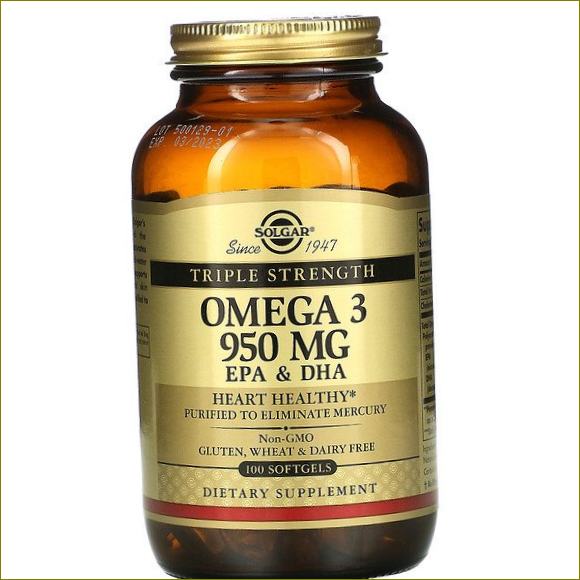 Solgar, Omega-3 EPA ir dokozaheksano rūgštis, trigubo stiprumo, 950 mg, 100 kapsulių