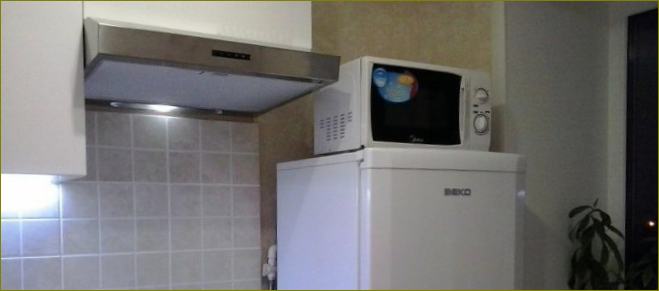 Šaldytuvas ir mikrobangų krosnelė šalia vienas kito